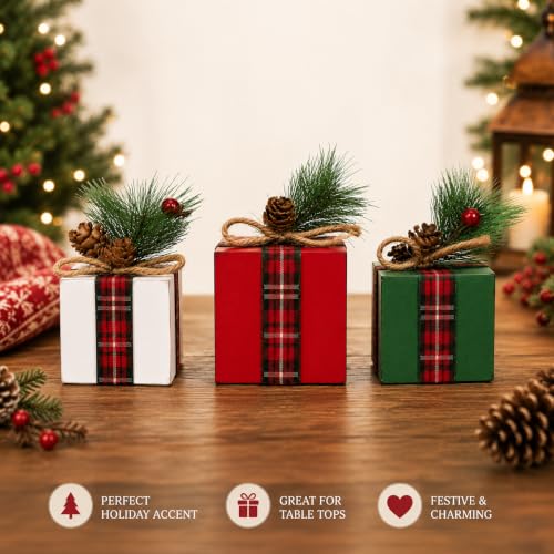 Christmas Wooden Gift Box Decor Set of 3 Holiday Tiered Tray Decorations