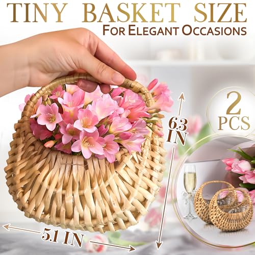 Set of 2 Rattan Flower Girl Baskets with Handles - 6.3-Inch Wicker Baskets