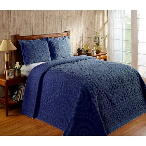 Twin Size Cotton Chenille Bedspread - Navy Medallion Design, 81" x 110"
