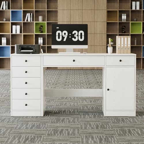 Home Office Desk and 5-Drawer Storage Cabinet Set, White Computer Workstation