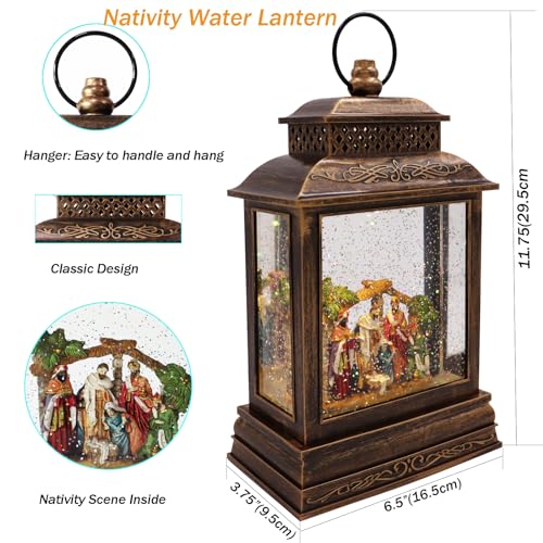 EYZH Christmas Nativity Snow Globe Lantern with 6-Hour Timer, Musical Lighted Nativity Scene, 11.75 Inch USB Decor