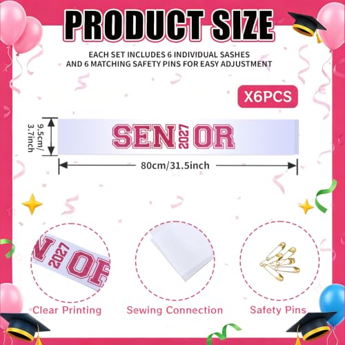 Senior 2027 Graduation Sash - 6 Pack Pink Satin Class of 2027 Party Favors
