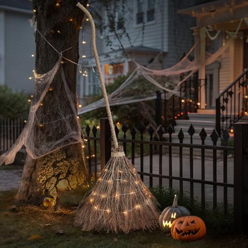 6FT Lighted Witch Broom Halloween Decoration - Rustic Real Twig Porch Decor