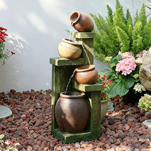 36-Inch 4-Tier Modern Stone-Look Water Fountain with LED Lights for Garden