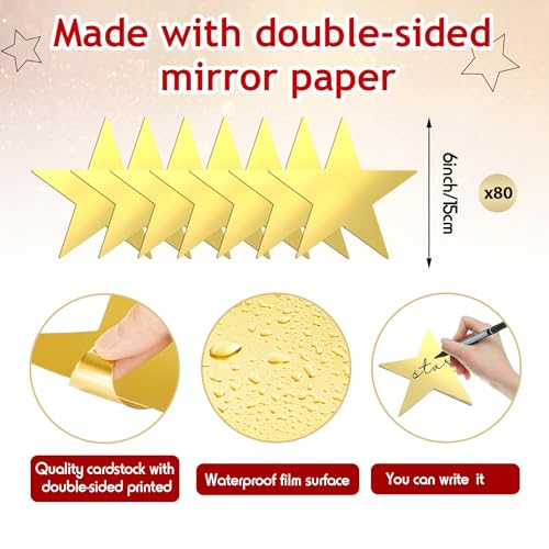 80 Pcs 6-Inch Gold Glitter Star Cutouts - Writable Cardstock Party Decor