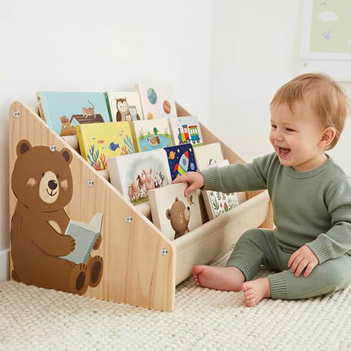 4-Tier Montessori Toddler Bookshelf - Solid Wood Nursery Book Organizer
