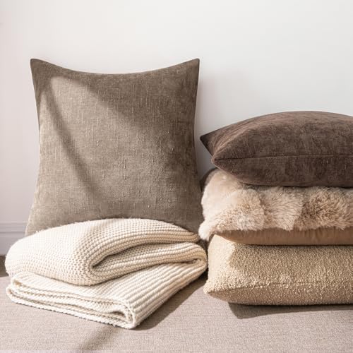 MIULEE Textured Chenille Throw Pillow Covers 20x20 Taupe Grey - Set of 2