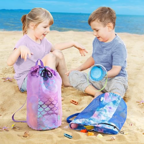 Mermaid Mesh Beach Bag for Kids, Large Drawstring Backpack for Toys & Shells
