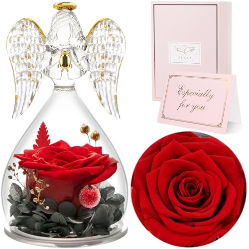 Preserved Real Rose in Glass Angel Figurine, Eternal Flower Gift