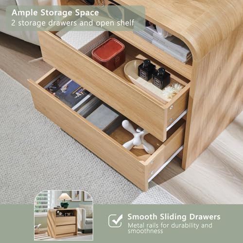 Modern Curved Wood Nightstand with 2 Drawers and Charging Station