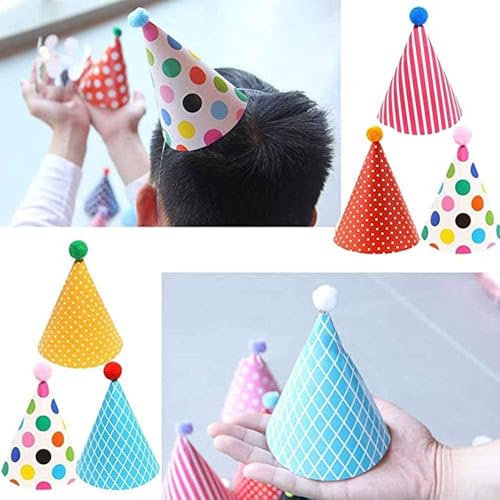 11PCS Birthday Party Cone Hats with Pom Poms - Kids & Adults