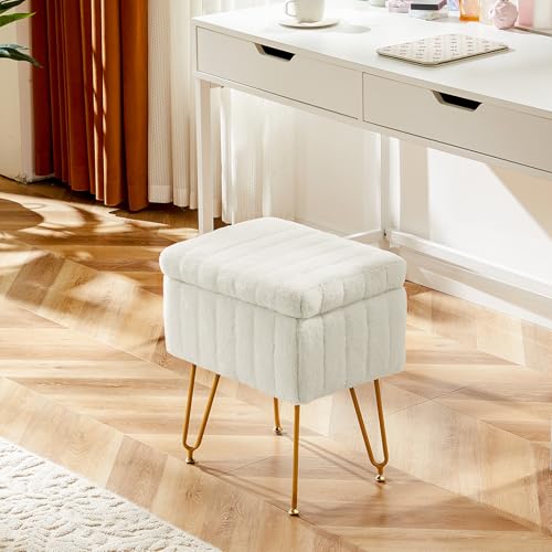 Faux Fur Vanity Stool Chair with Hidden Storage & Gold Metal Legs