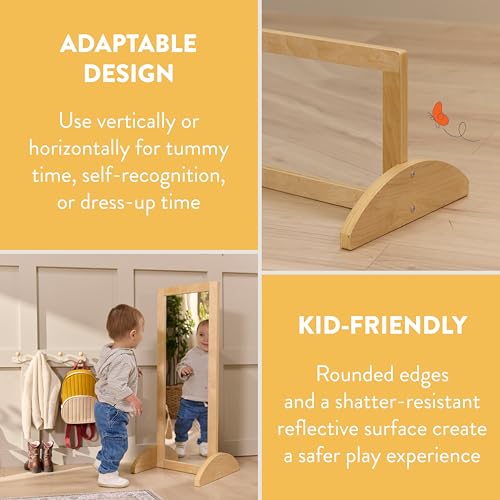 Natural Wood Standing Floor Mirror for Kids - Shatter-Resistant Acrylic