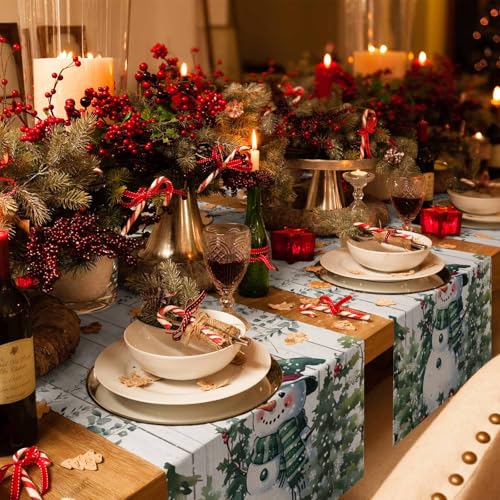 Gray Green Christmas Snowman Table Runner 13x120 Inches Holiday Decor