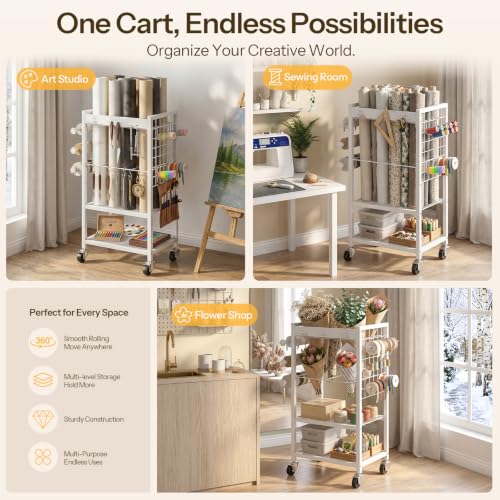 Rolling Wrapping Paper Storage Cart with Wheels and Ribbon Holder