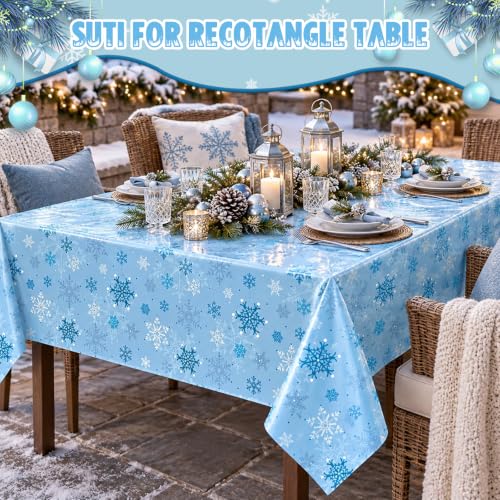 Light Blue Snowflake Christmas Tablecloth Roll 4.5 x 100 ft - Disposable Backdrop for Winter Party