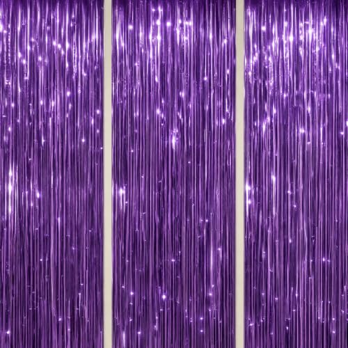 Purple Foil Fringe Backdrop 3-Pack - 3.3x8.2 FT Metallic Tinsel Curtains
