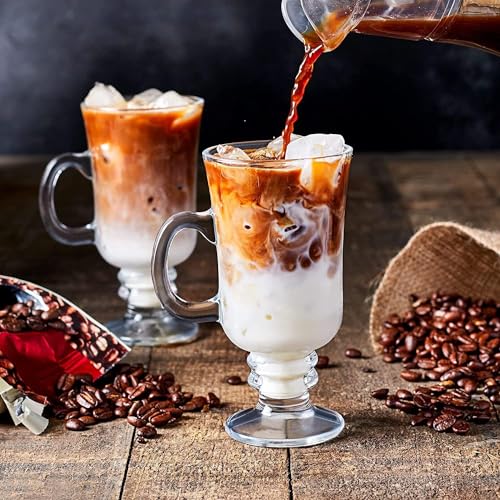 Biandeco Clear Irish Coffee Mugs Set of 2 - 8 oz Glass Hot Chocolate Cups with Handle - Footed Hot Toddy & Cappuccino Glasses