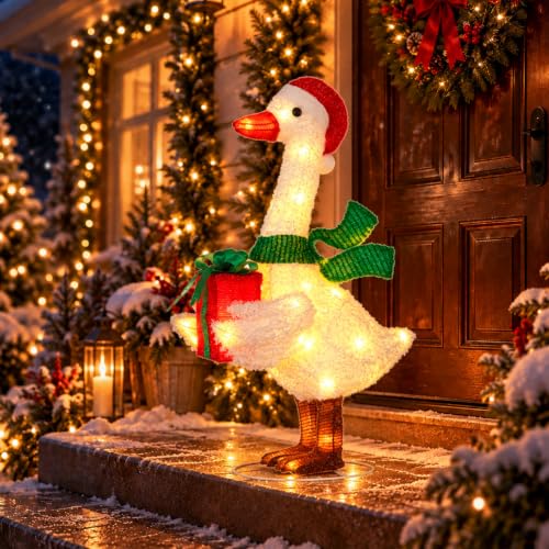 Lighted Christmas Goose Decoration with Santa Hat & Gift Box - White & Green