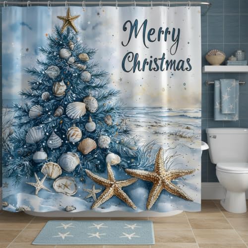 FAXTOZ Christmas Shower Curtain 70x70 Inches Coastal Watercolor Tree Shells Starfish