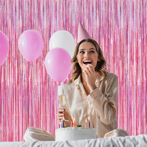 ZATAYE 2 Pack Glitter Pink Fringe Curtains Foil Tinsel Photo Backdrop