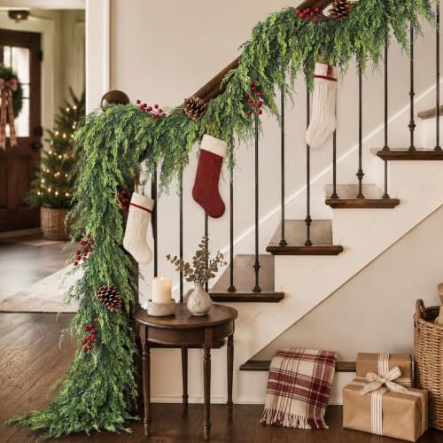 Artificial Cedar Garland 9ft x2 - Christmas Decoration for Fireplace, Indoor/Outdoor