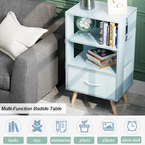 3-Tier Blue Nightstand with Drawer and Open Storage for Small Spaces