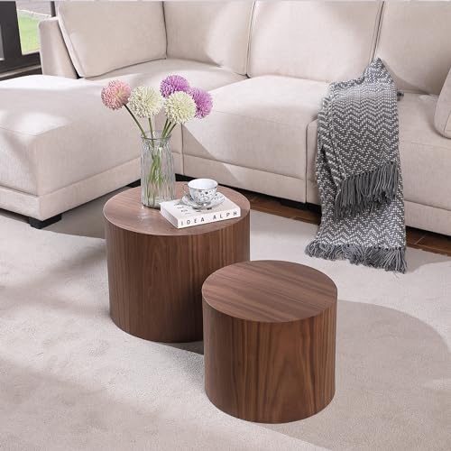 Round Nesting Coffee Table Set of 2, Modern Wood Drum Side Tables