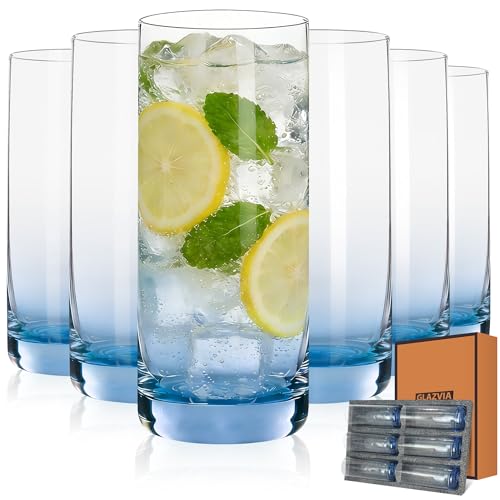 GLAZZVIA Blue Highball Glasses Set of 6 - Lead-Free Crystal Cocktail Drinking Glasses