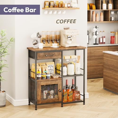 Farmhouse Coffee Bar Cabinet with Storage Drawers & See-Through Door
