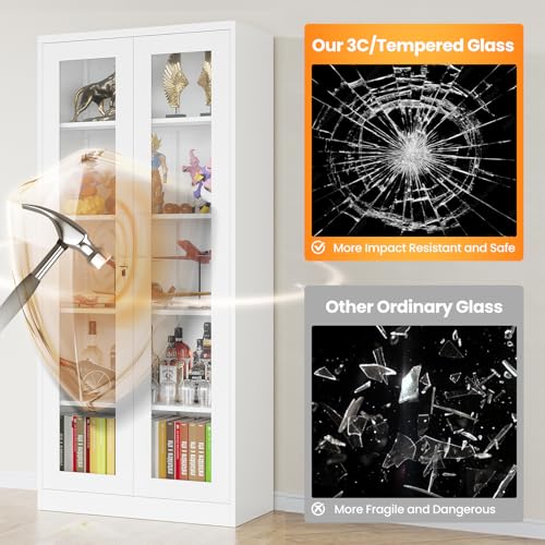71-Inch Locking Glass Display Cabinet with 4 Adjustable Shelves, White