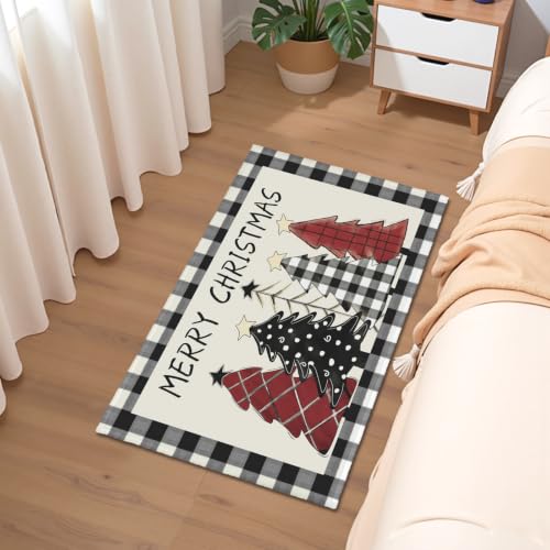 Christmas Area Rug 2x3 Ft Xmas Tree Buffalo Plaid Entryway Rug - Black Buffalo Variation