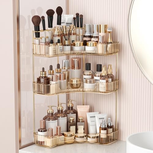 BEFSOP Gold 3-Tier Corner Bathroom Counter Organizer, Makeup & Skincare Storage