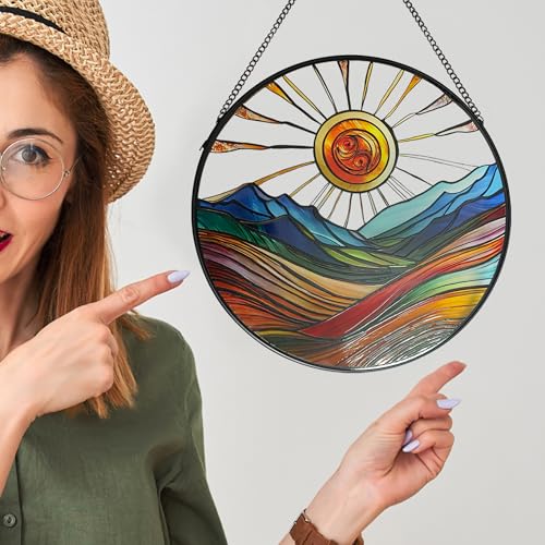 Sun Catcher Stained Glass Wall Art - 9.8" Round Hanging Decor