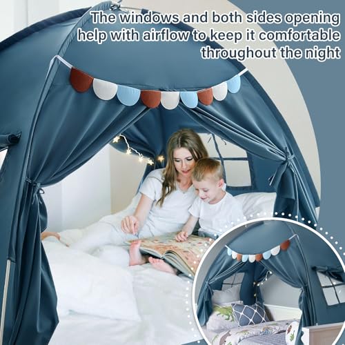 Kids Twin Bed Privacy Tent - Indoor Playhouse Canopy with Dual Doors, Blue