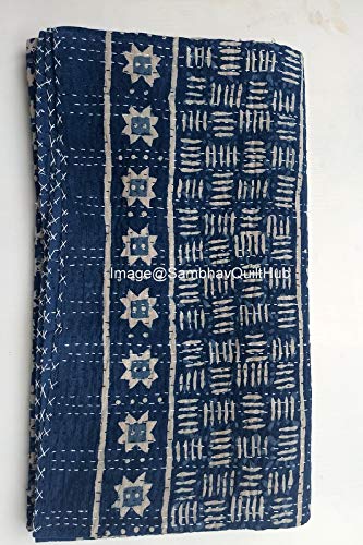 Handmade Indigo Print Cotton Kantha Quilt - Twin/King/Queen