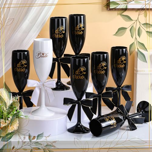 Bridesmaid Champagne Flutes Set 8 Pcs White & Black Elegant Glasses with Twist Bows