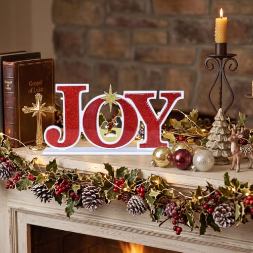 Joy Christmas Nativity Scene Sign with Wooden Base - Religious Holiday Decor