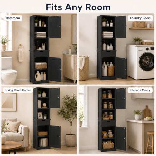 Walsunny Tall Bathroom Storage Cabinet with 6 Adjustable Shelves - Black / 1 Drawer