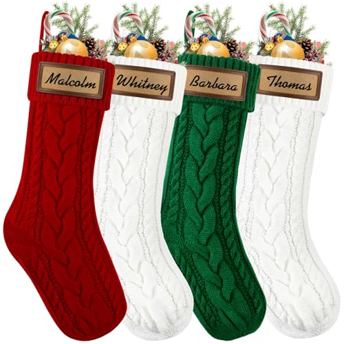 Personalized 18" Christmas Stockings 4-Pack with Leather Patches - Red Green White
