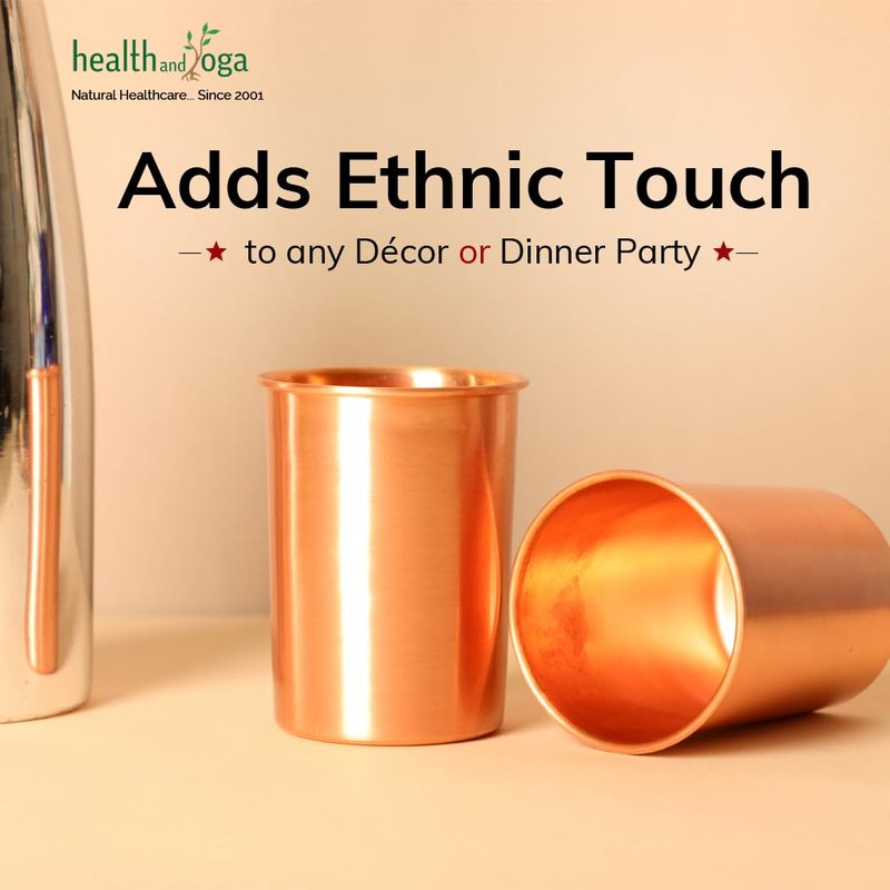 HealthAndYoga™ qCup Pure Copper Tumblers for Drinking - Ayurvedic Health Pure Copper Cups – 2 pcs. set - 250 ml.(8 fl oz) (Plain)