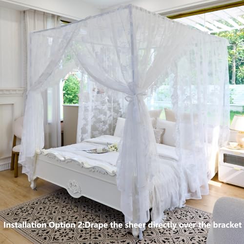 Elegant Lace 4-Poster Bed Canopy Mosquito Net - Queen Bedroom Drapes