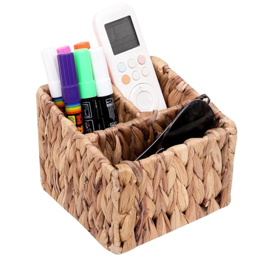 3-Compartment Wicker Remote Control Holder - Hand-Woven Water Hyacinth Desk Organizer
