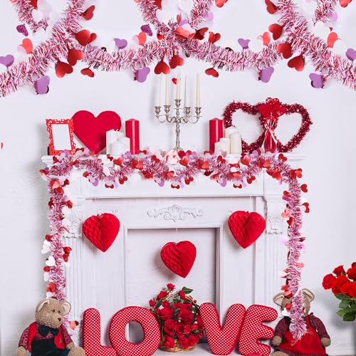Valentine's Day Heart Tinsel Garland - 33 Ft Red Pink White Metallic Garland