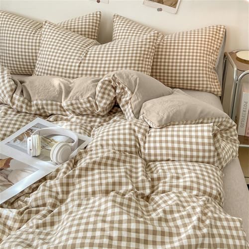 Brown Gingham Queen Duvet Cover Set - Soft Washed Microfiber Bedding
