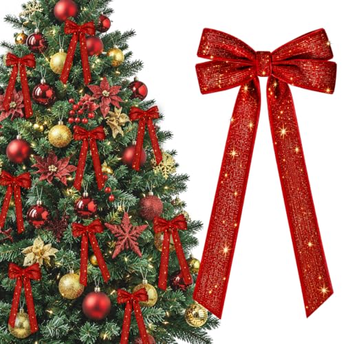 RRKTP 12Pcs Red Velvet Glitter Star Dot Bows 5x10in Holiday Decor