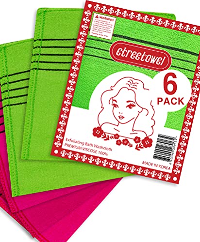 Korean Exfoliating Bath Washcloths Mitts - Anti-Shrink Viscose Rayon (6 Pack)