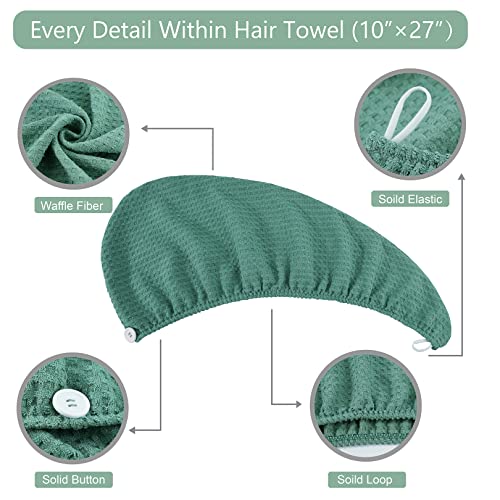 Dolwis Green Microfiber Hair Drying Towel Set - Waffle Long Hair Turban Wraps, 2 Pack