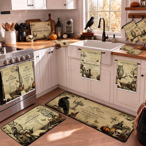10-Piece Gothic Skull Kitchen Decor Set: Rugs, Towels, Mitts & Pot Holders