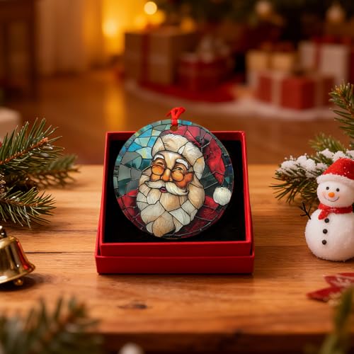 Xenseou SDGS02 Acrylic Santa Ornament with Gift Box – 3-inch Stained Glass Effect